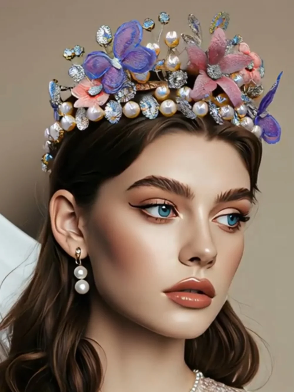 Rhinestone Tiara with Floral and Pearl Accents